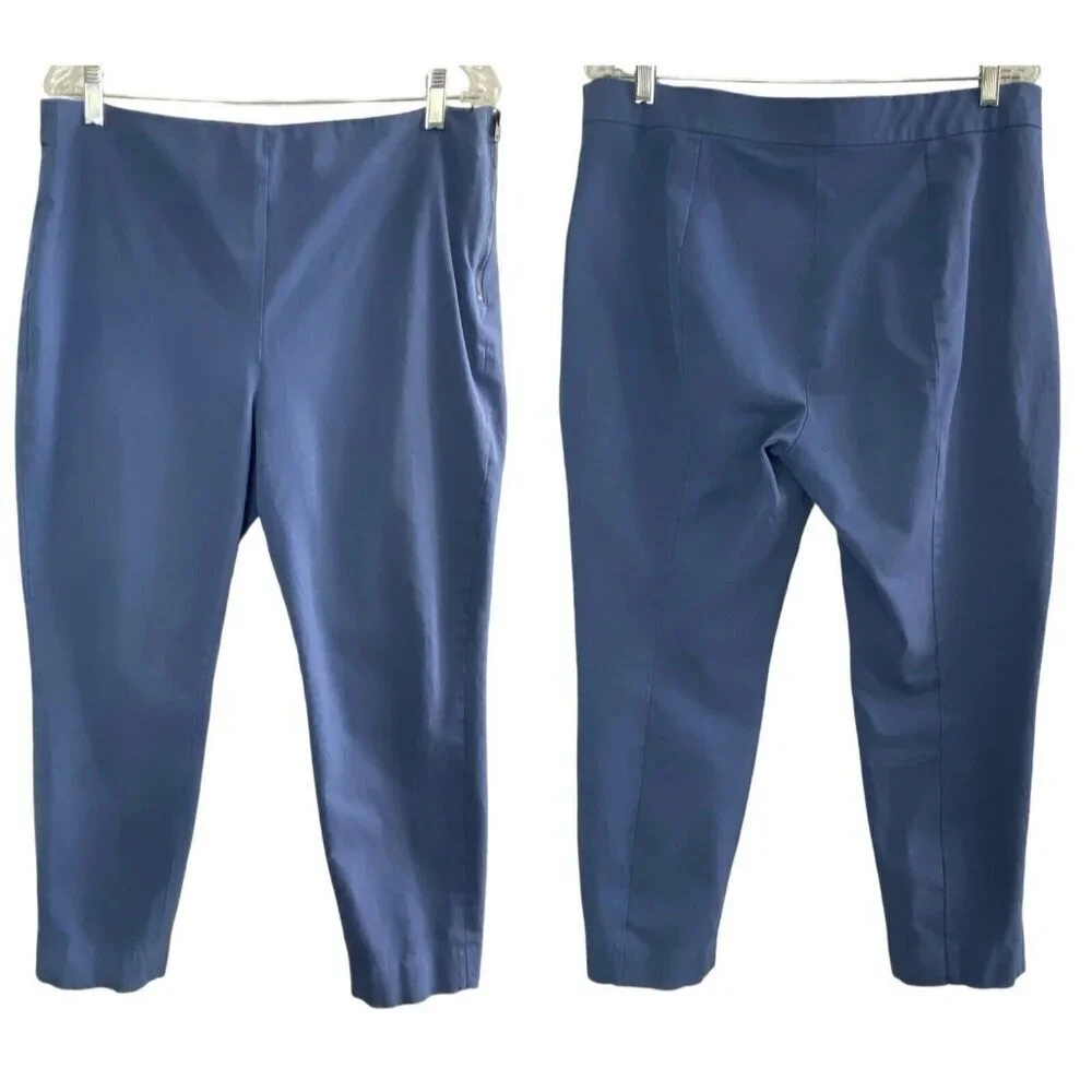 EVERLANE Women High Waist Stretch Pants Sz 16 Blue‎ Side Zip Cotton Elastic 43-6